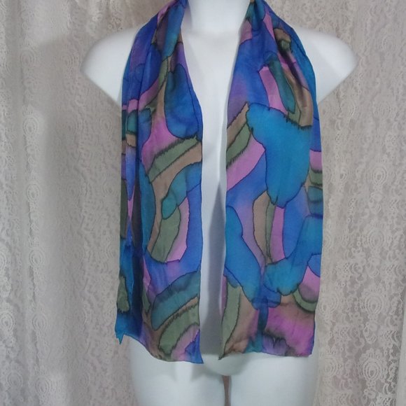Oblong Silk Tie Dyed Scarf Susie Hardy Stained Glass Blue and Lavender NWOT - Picture 2 of 4